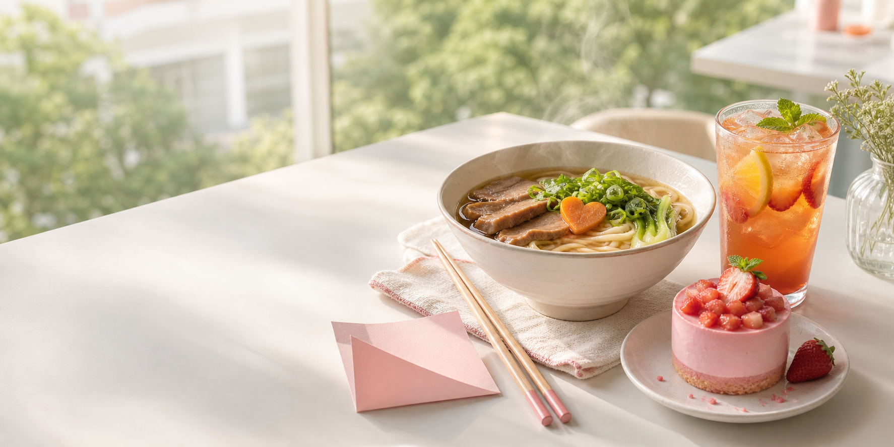 一碗热面、草莓甜点和水果茶组成的校园午餐